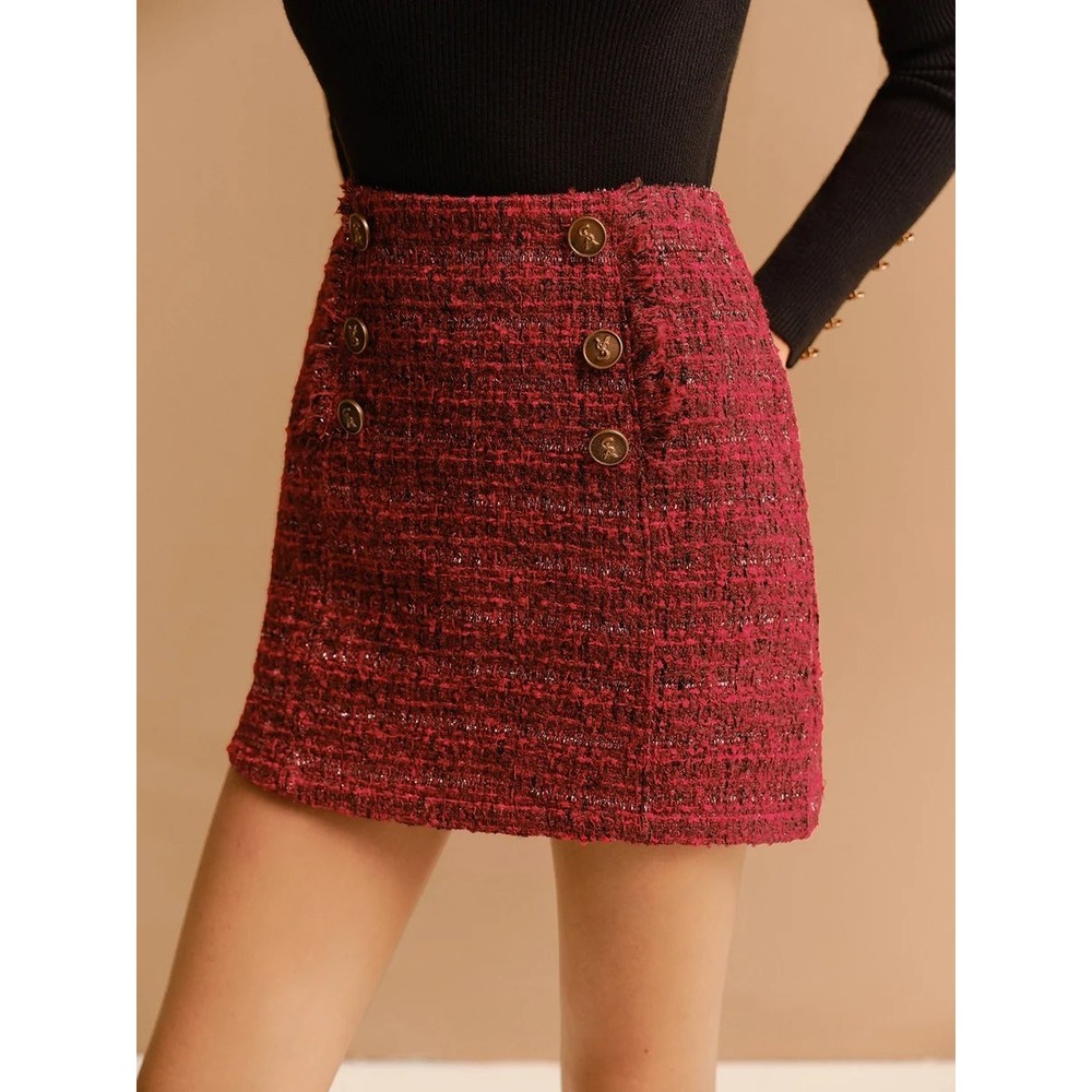 COMMENSE Red Metallic Tweed High Waist Mini Skirt Size XS - Picture 2 of 12